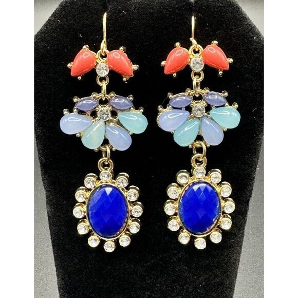 Gold Tone Multicolor Acrylic Rhinestone Chandelier Style Dangle Earrings - Picture 1 of 6